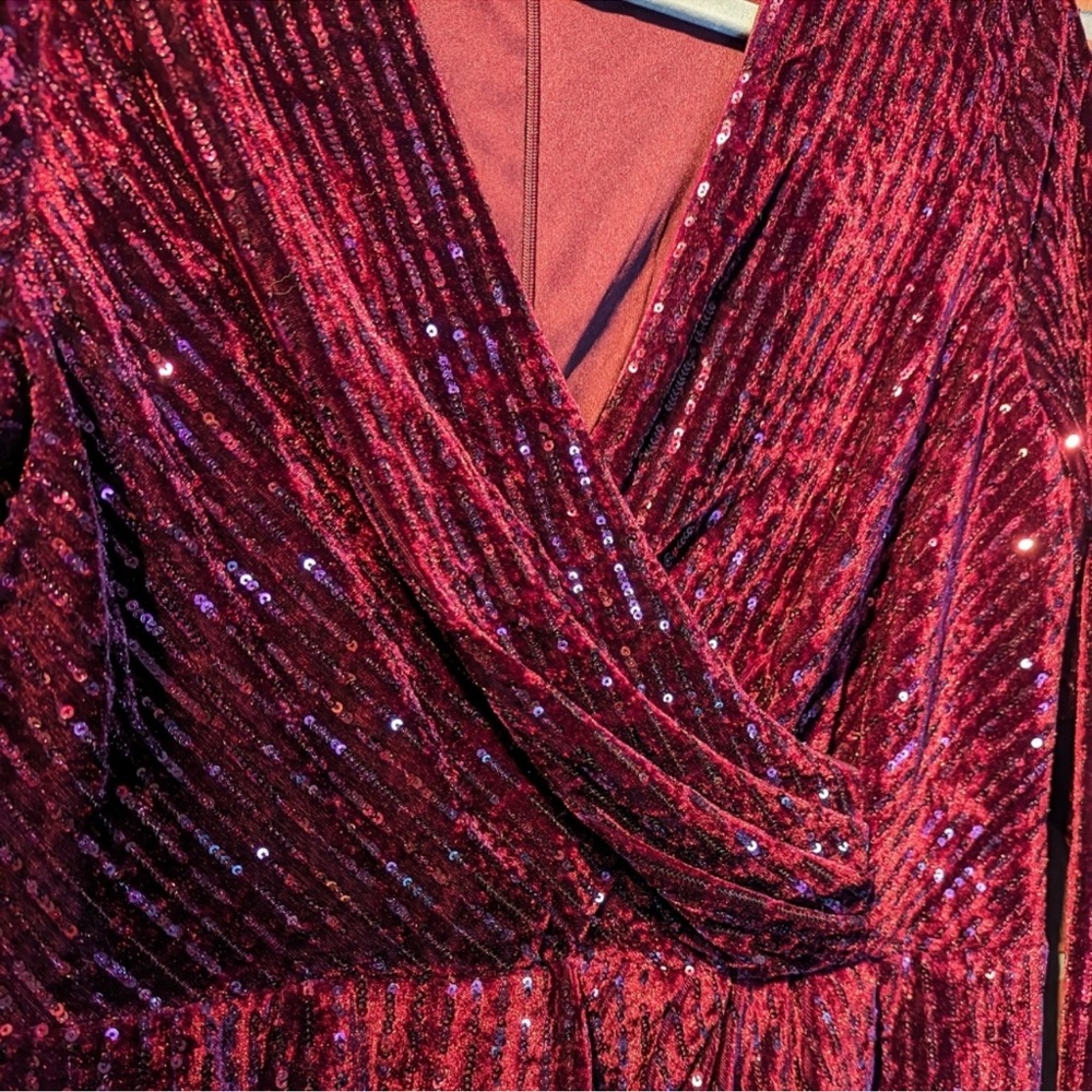 JULIA JORDAN Velvet Ribbing Foil Long Sleeve Dress Wine Red Faux Wrap, Size: 10 - Picture 6 of 8